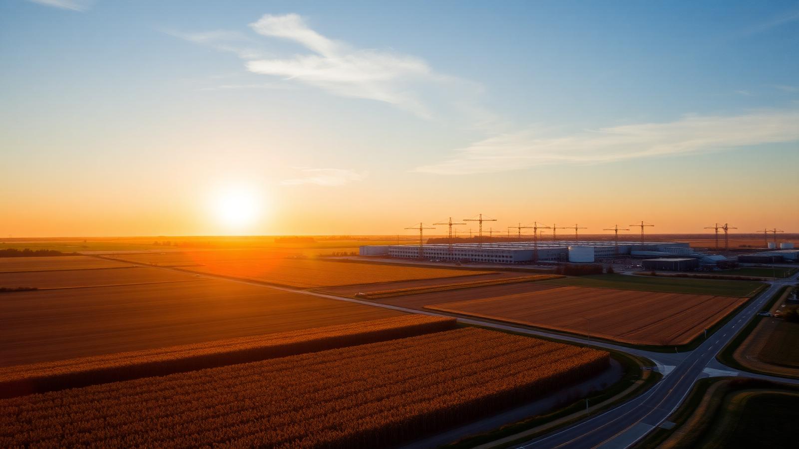 Aerial view of Ohio farmland at golden hour with a sprawling data center campus under construction on the horizon