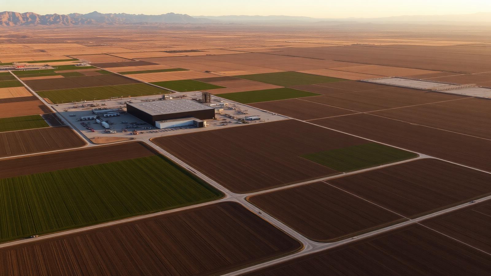Aerial view of Imperial County, California farmland with a large data center complex on the edge of irrigated fields