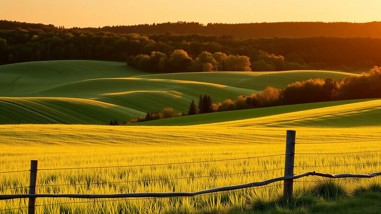 Rolling farmland and tree line in rural northwestern New Jersey at golden hour.