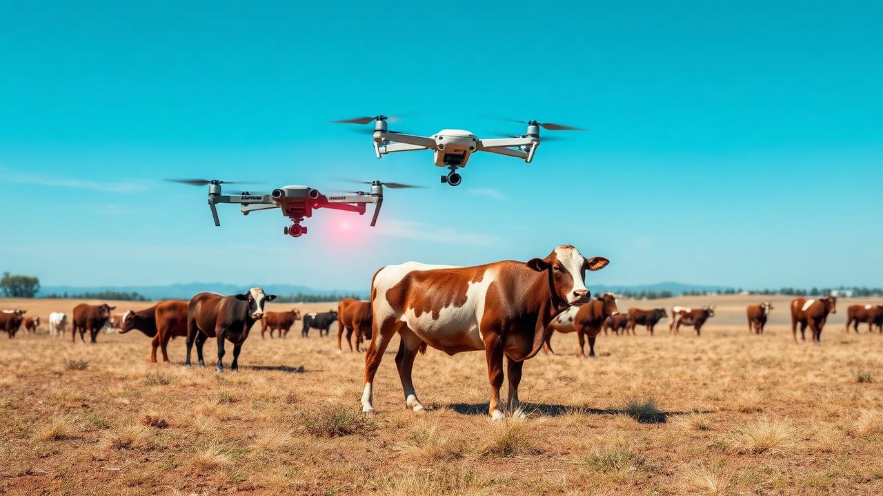 Drones and smart sensors monitoring cattle on modern ranch