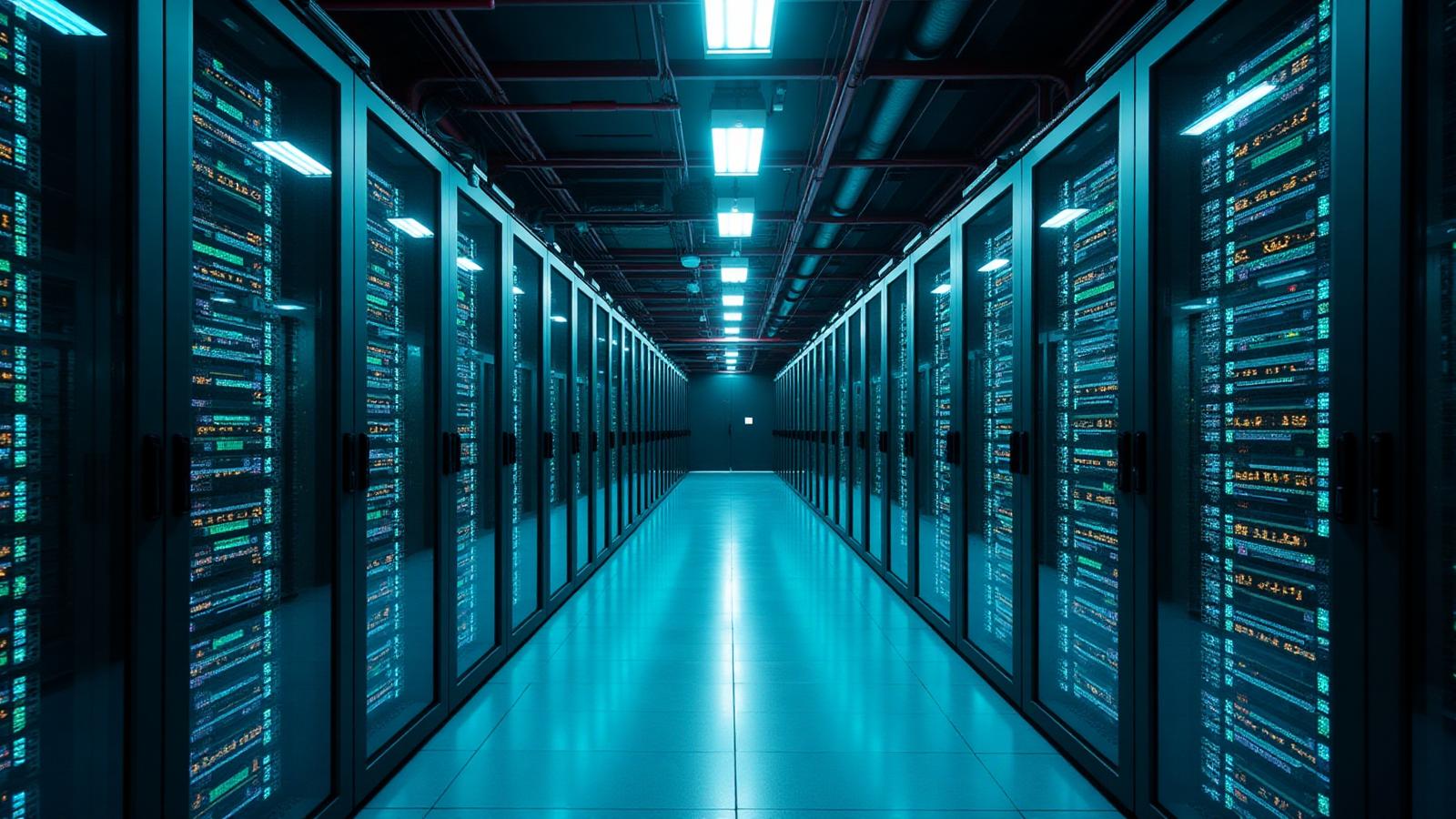 Inside a massive AI data center with rows of servers