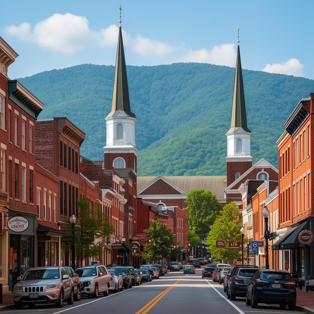 Historic downtown Cumberland, Maryland with mountain backdrop