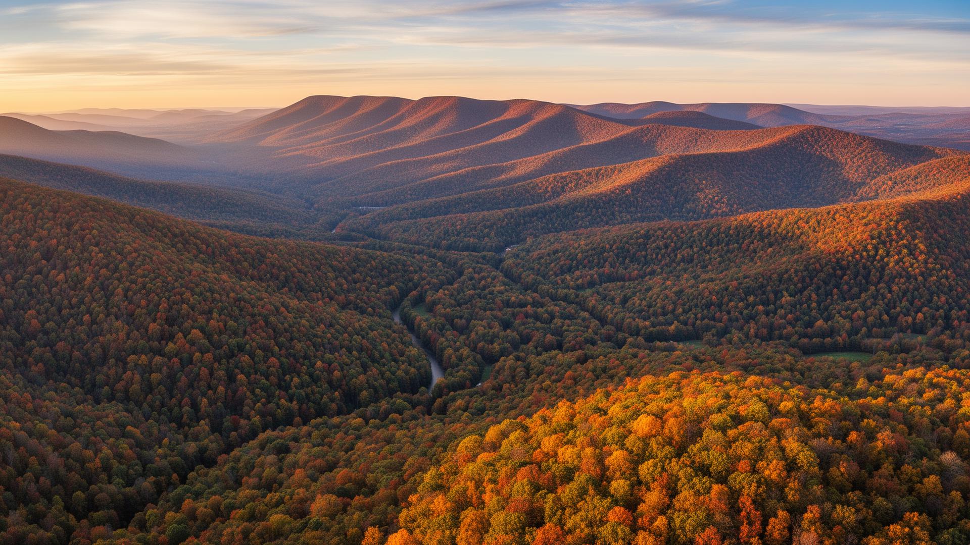 Scenic Allegheny Mountain ridges and fall foliage in Allegany County, Maryland