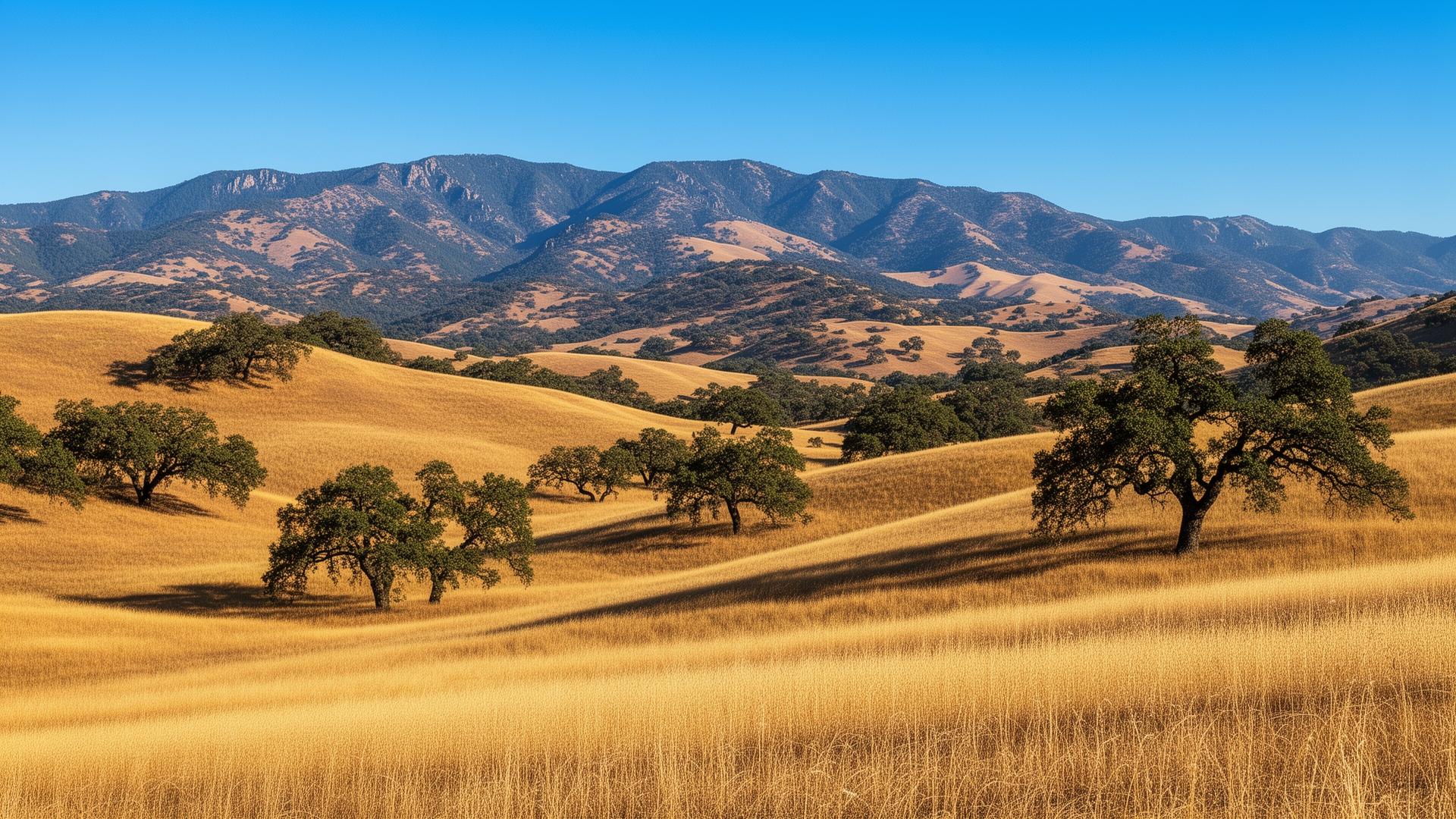 Rolling golden hills of Amador County with oak trees and Sierra Nevada foothills