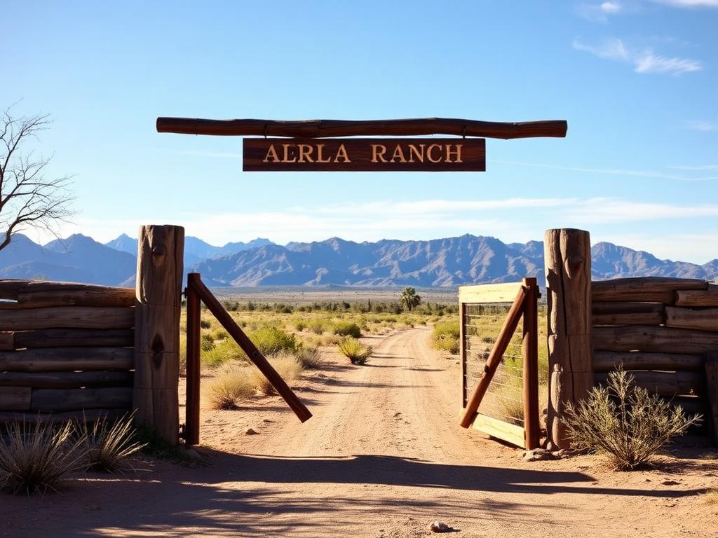 Rustic Arizona ranch entrance gate with mountain views