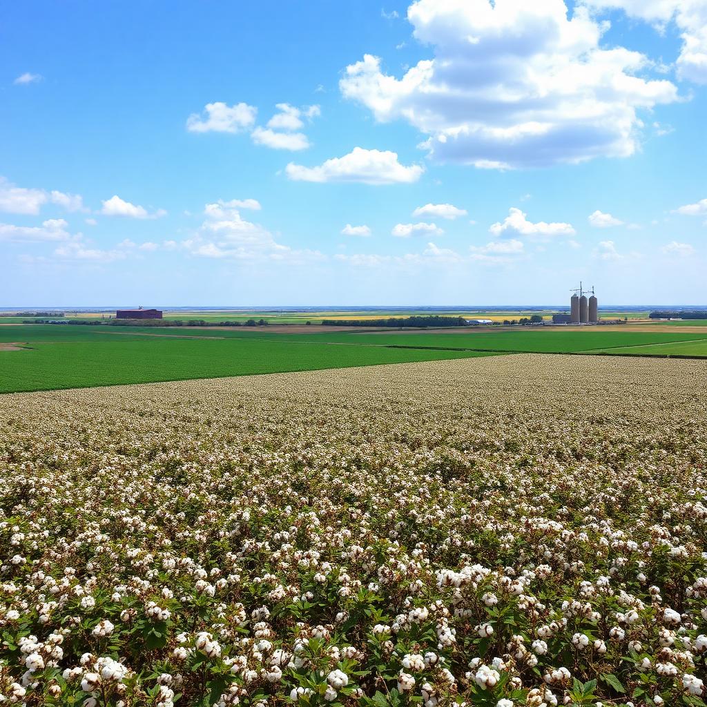 Arkansas Delta cotton and row crop farmland with grain silos