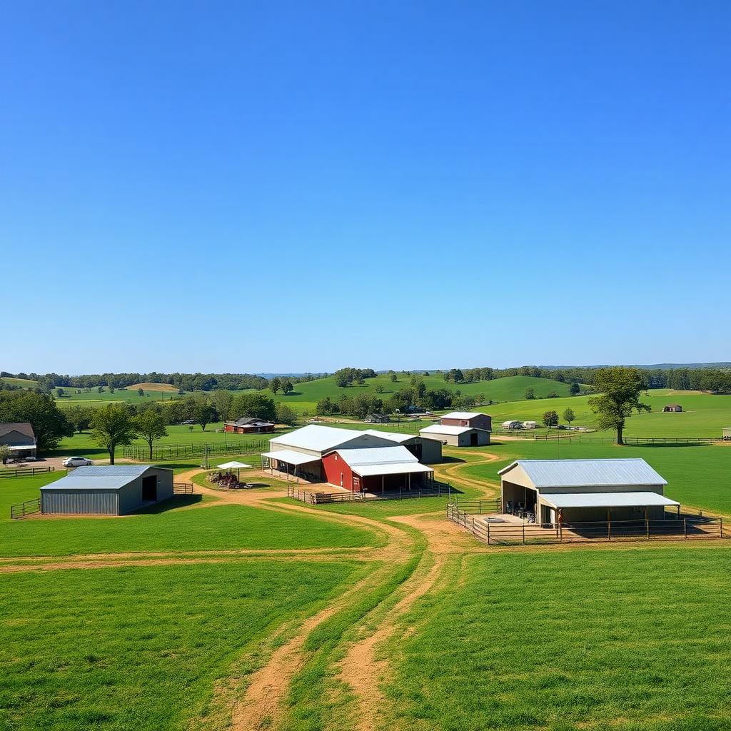 Arkansas poultry farm with chicken houses and Ozark hills