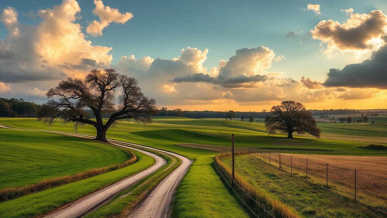 Rolling pastureland and oak trees in rural Barbour County Alabama