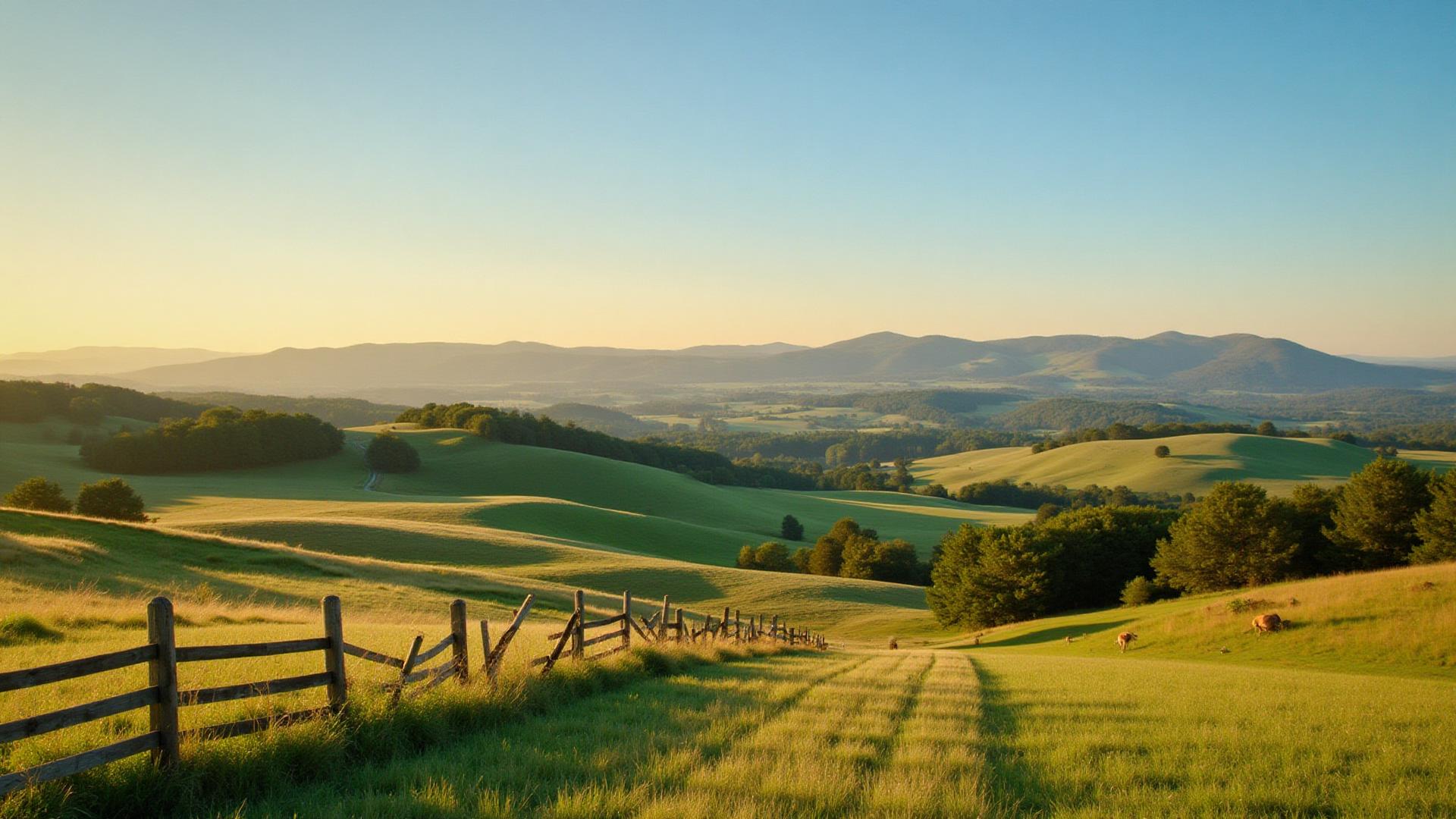 Beautiful Bedford County Virginia farmland with rolling hills and Blue Ridge Mountains
