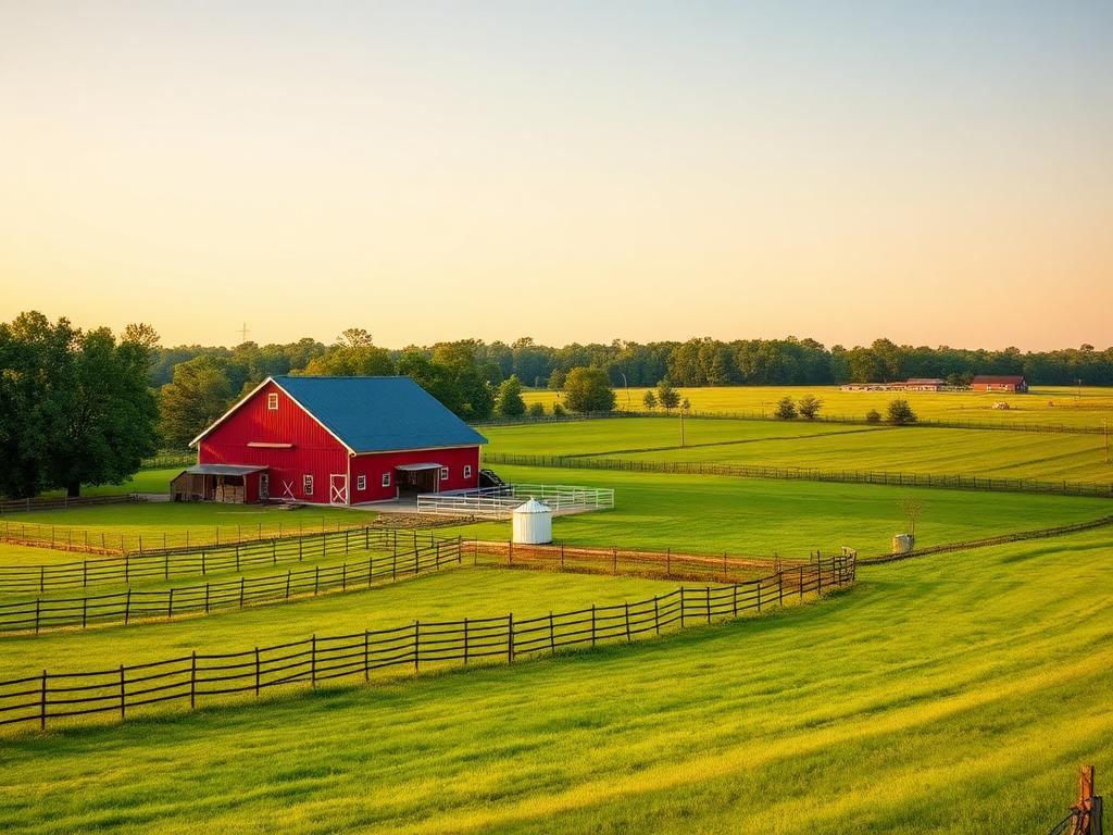 South Carolina farm with traditional red barn and green pastures