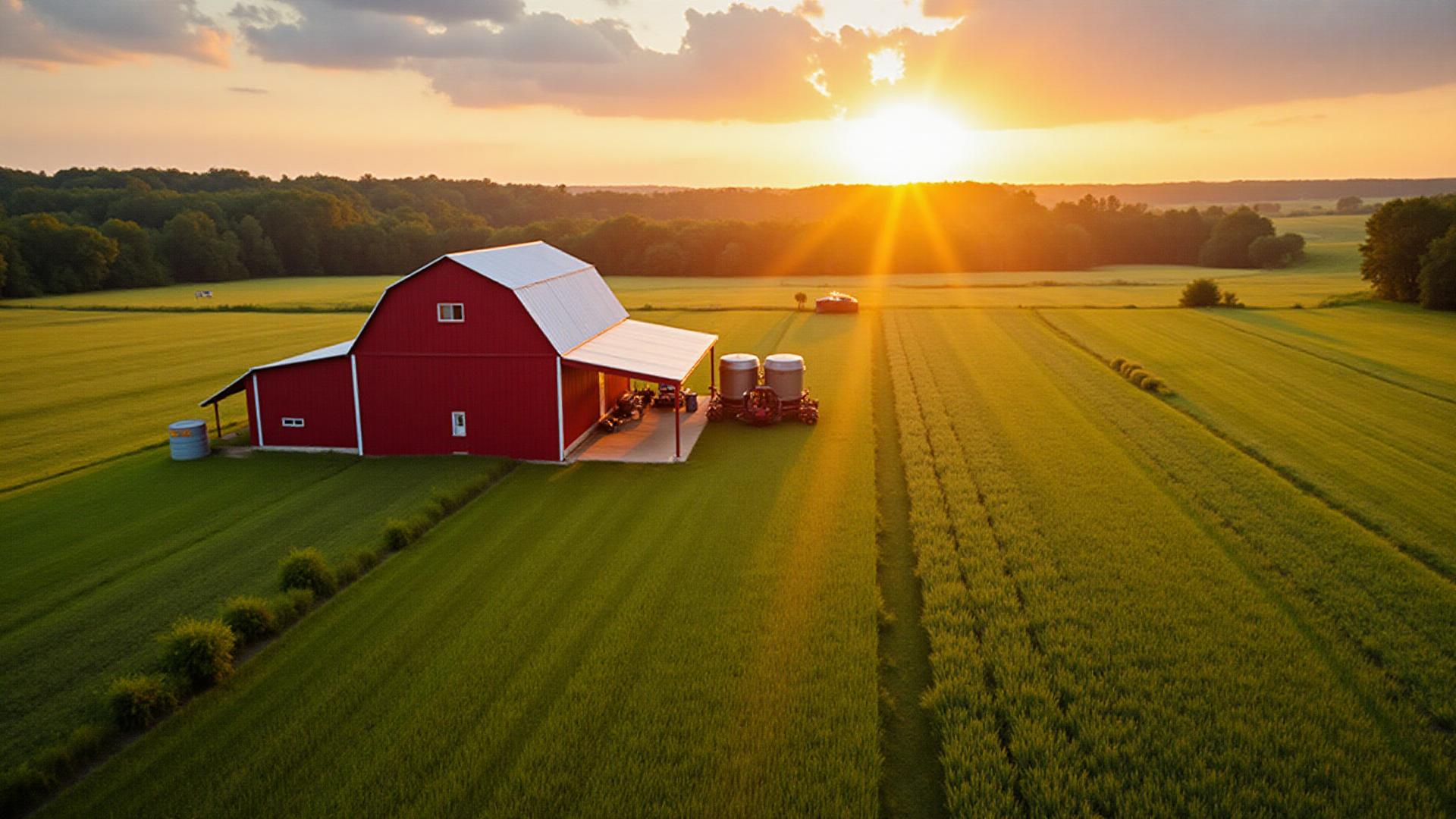 South Carolina agricultural farmland at sunset with red barn