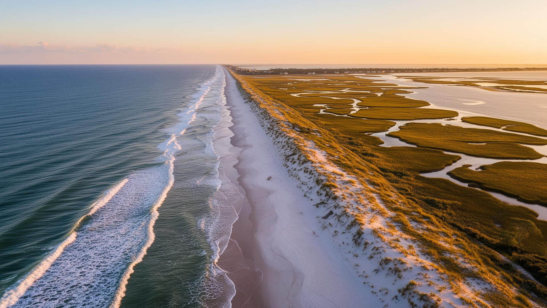 Aerial view of Brunswick County coastline with beaches and marshland