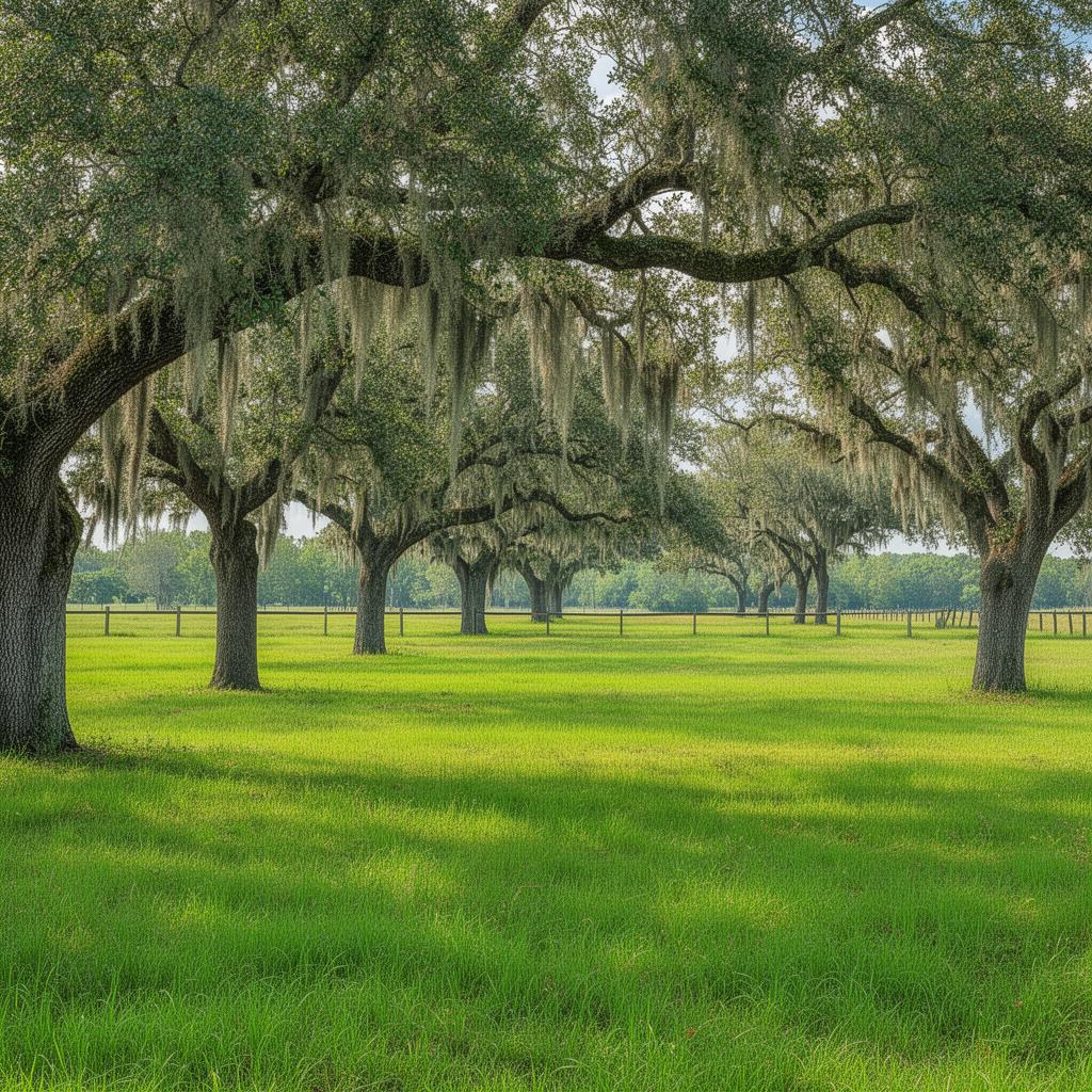 Rural farmland with oak trees in Brunswick County