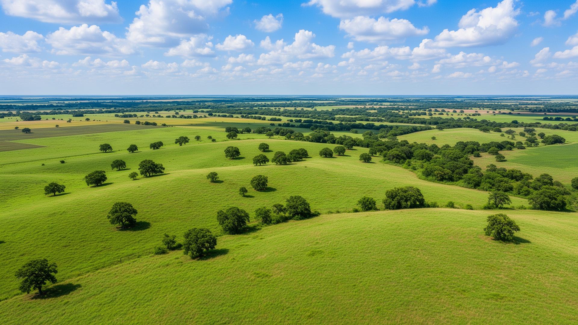 Rolling farmland and pastures in Bryan County, Oklahoma