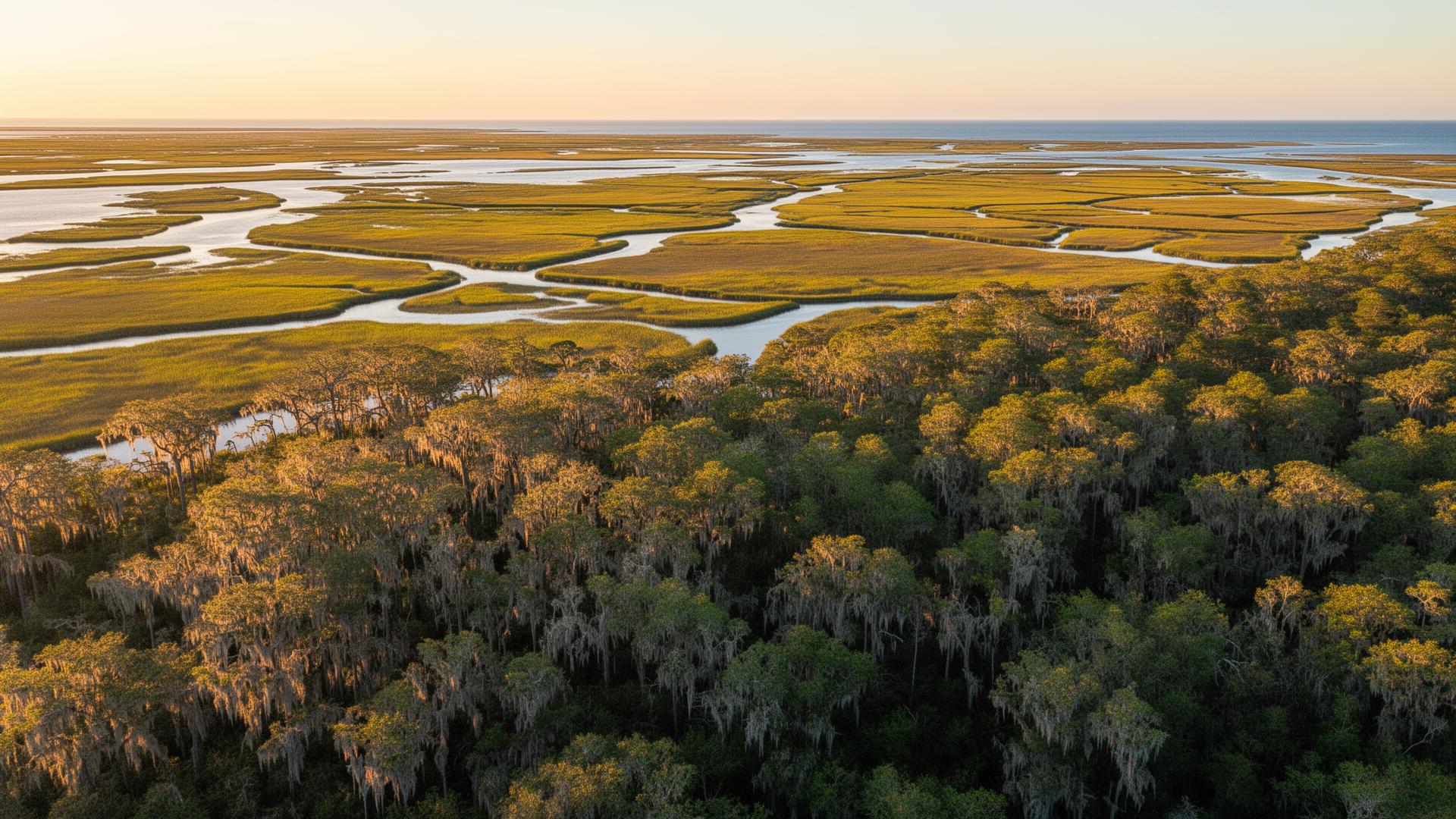 Coastal lowcountry landscape with salt marshes in Bryan County, Georgia