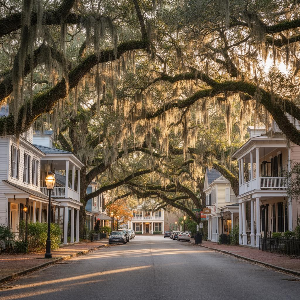 Historic Richmond Hill, Georgia with live oak trees and Southern architecture