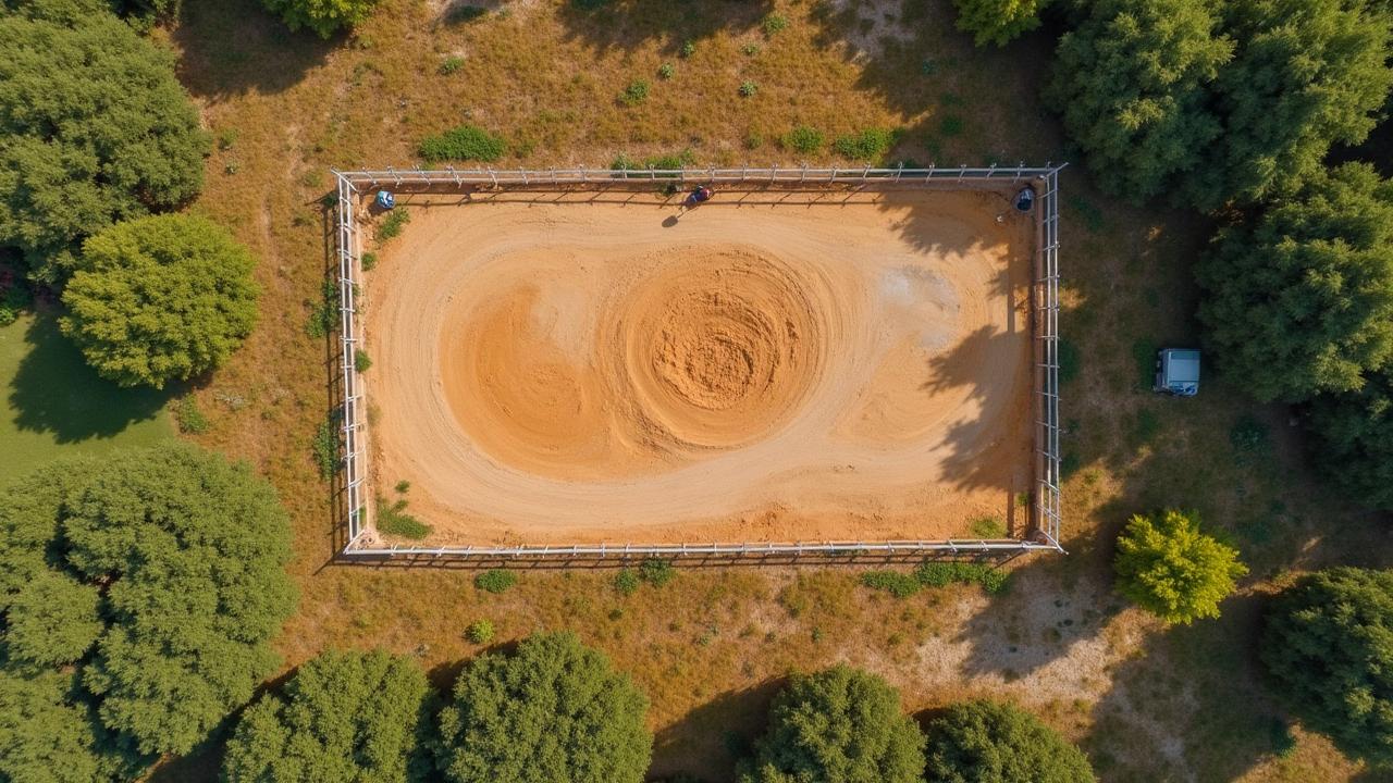 Aerial view of vacant land lot being surveyed for buildability