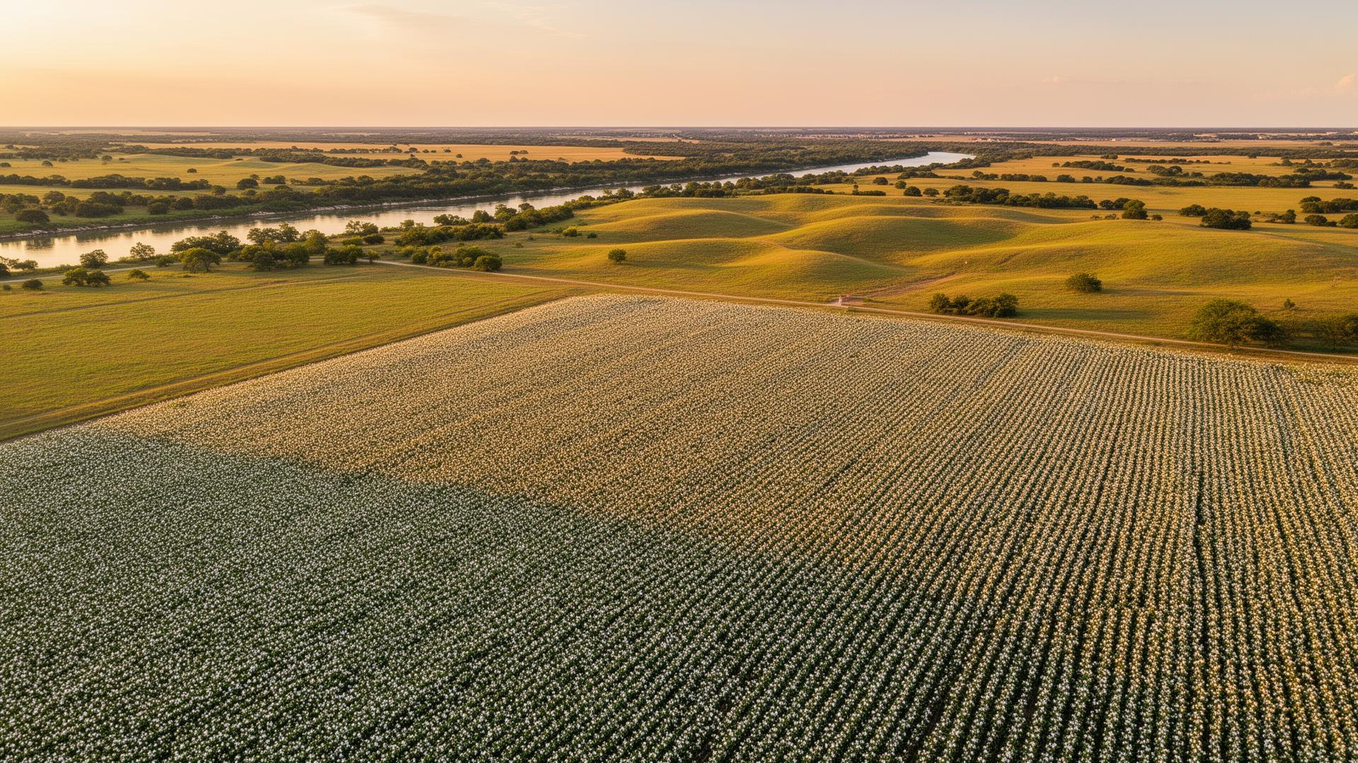 Caldwell County Texas farmland with cotton fields and rolling pastures