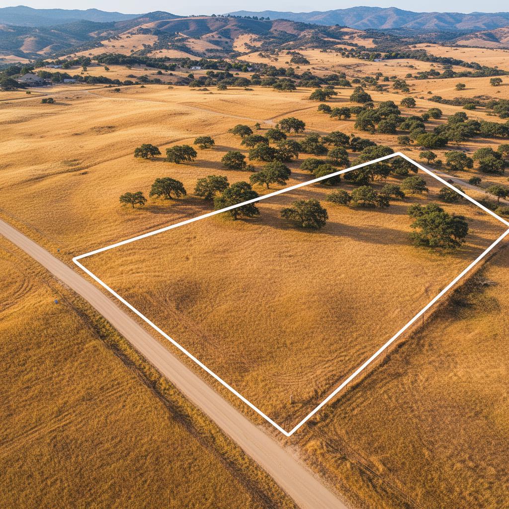 Aerial drone view of California land for sale showing property boundaries