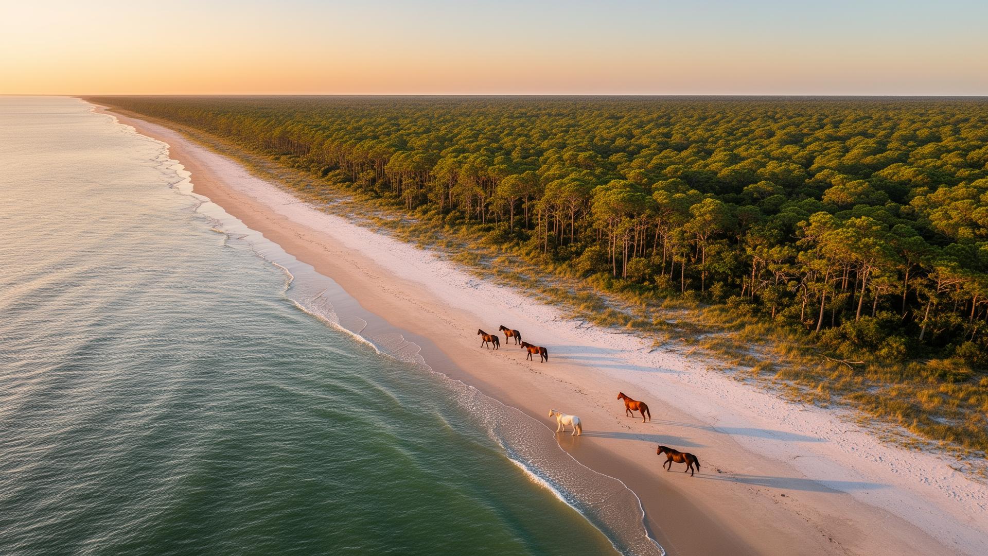 Cumberland Island National Seashore with wild horses on pristine beach in Camden County, Georgia