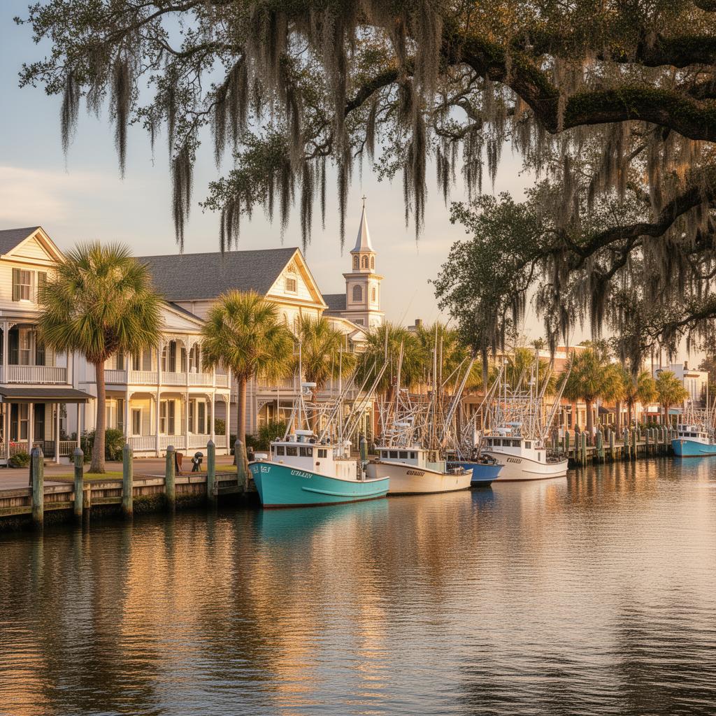 Historic St. Marys, Georgia waterfront with shrimp boats and Southern architecture