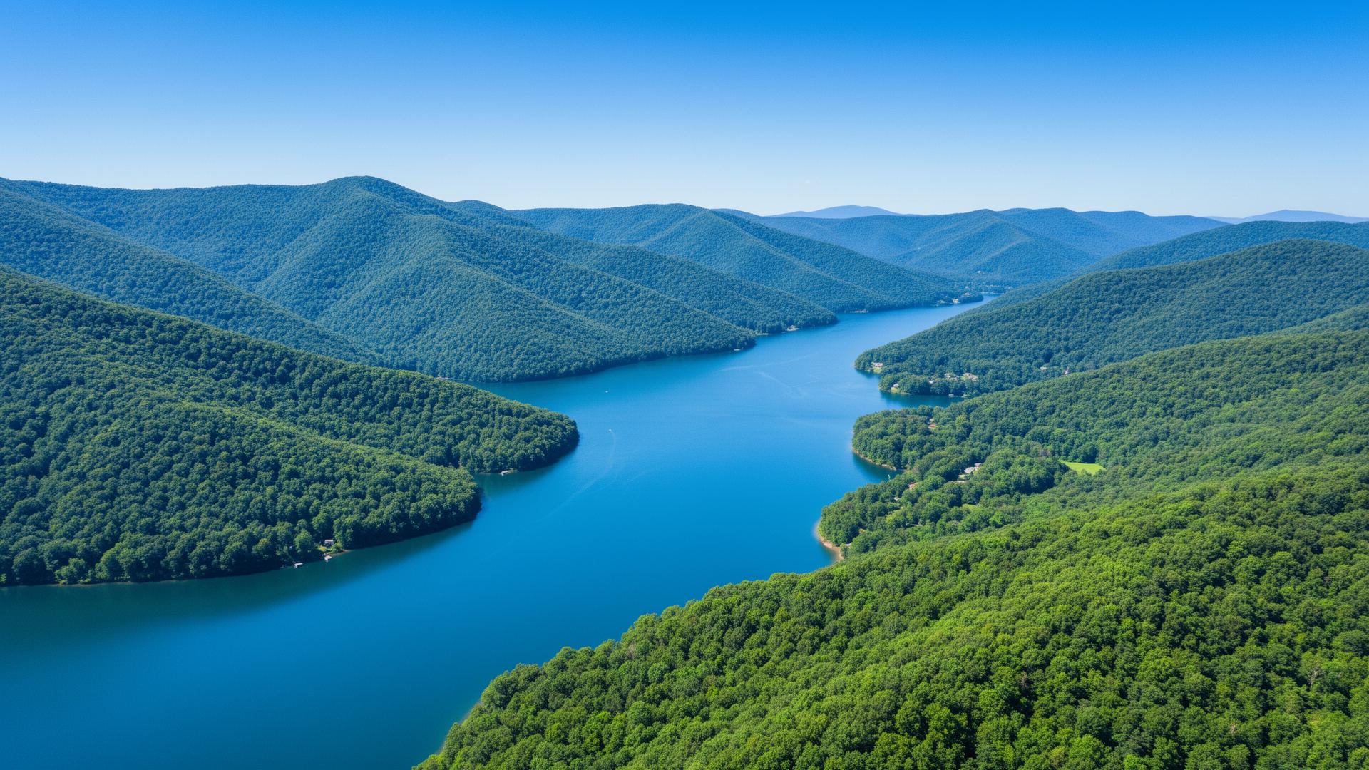 Norris Lake surrounded by Appalachian mountains in Campbell County, Tennessee