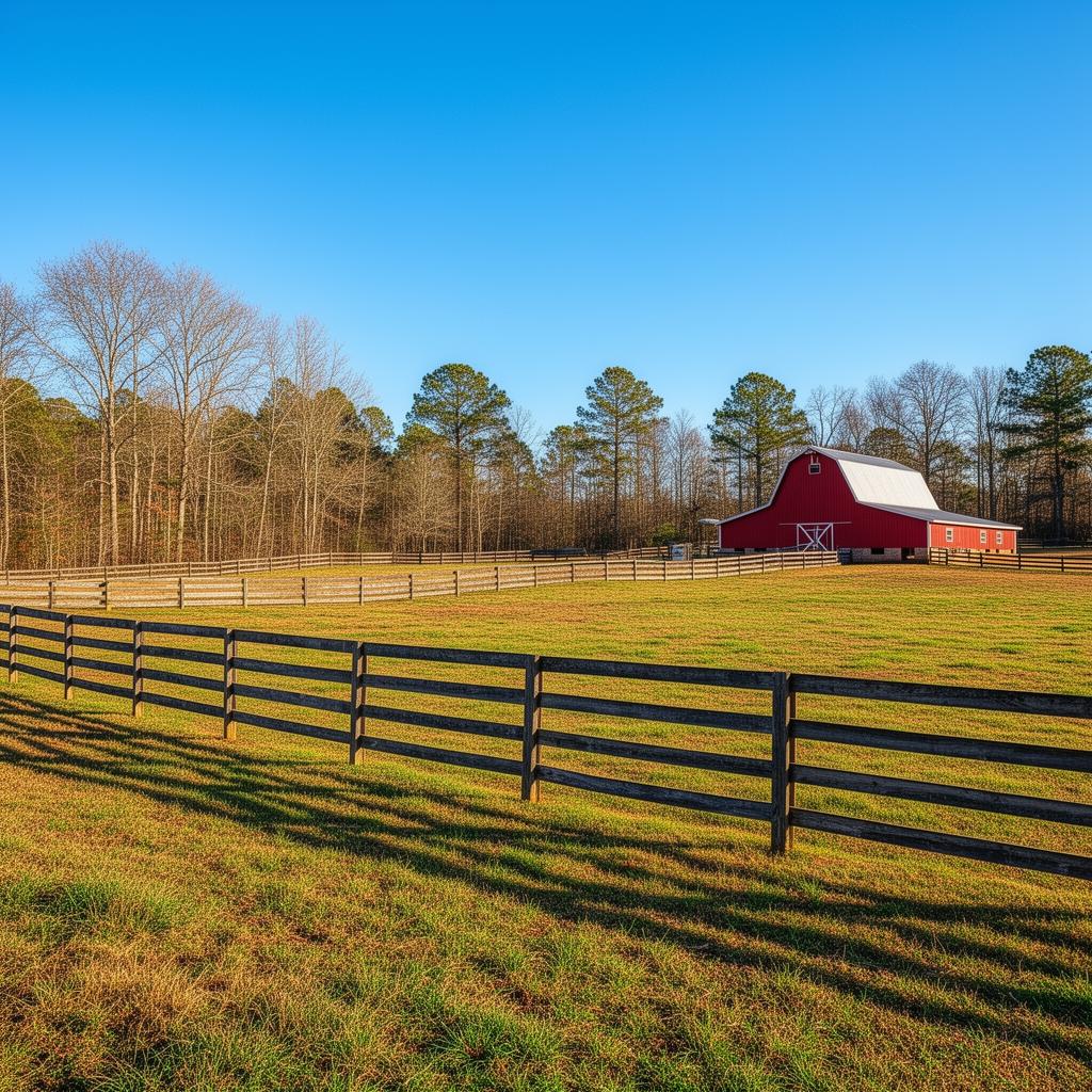 South Carolina piedmont pasture land with red barn in Cherokee County