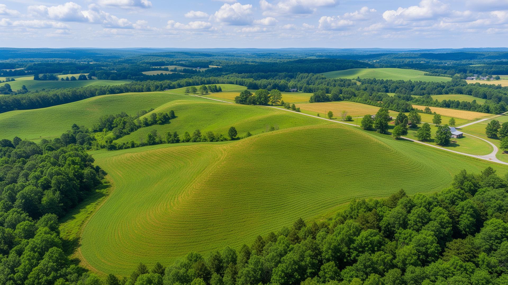 Aerial view of Cherokee County South Carolina rolling piedmont hills and farmland