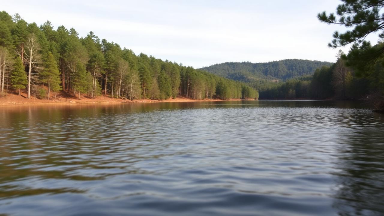 Mountain lake surrounded by pine forest in Cleburne County Alabama