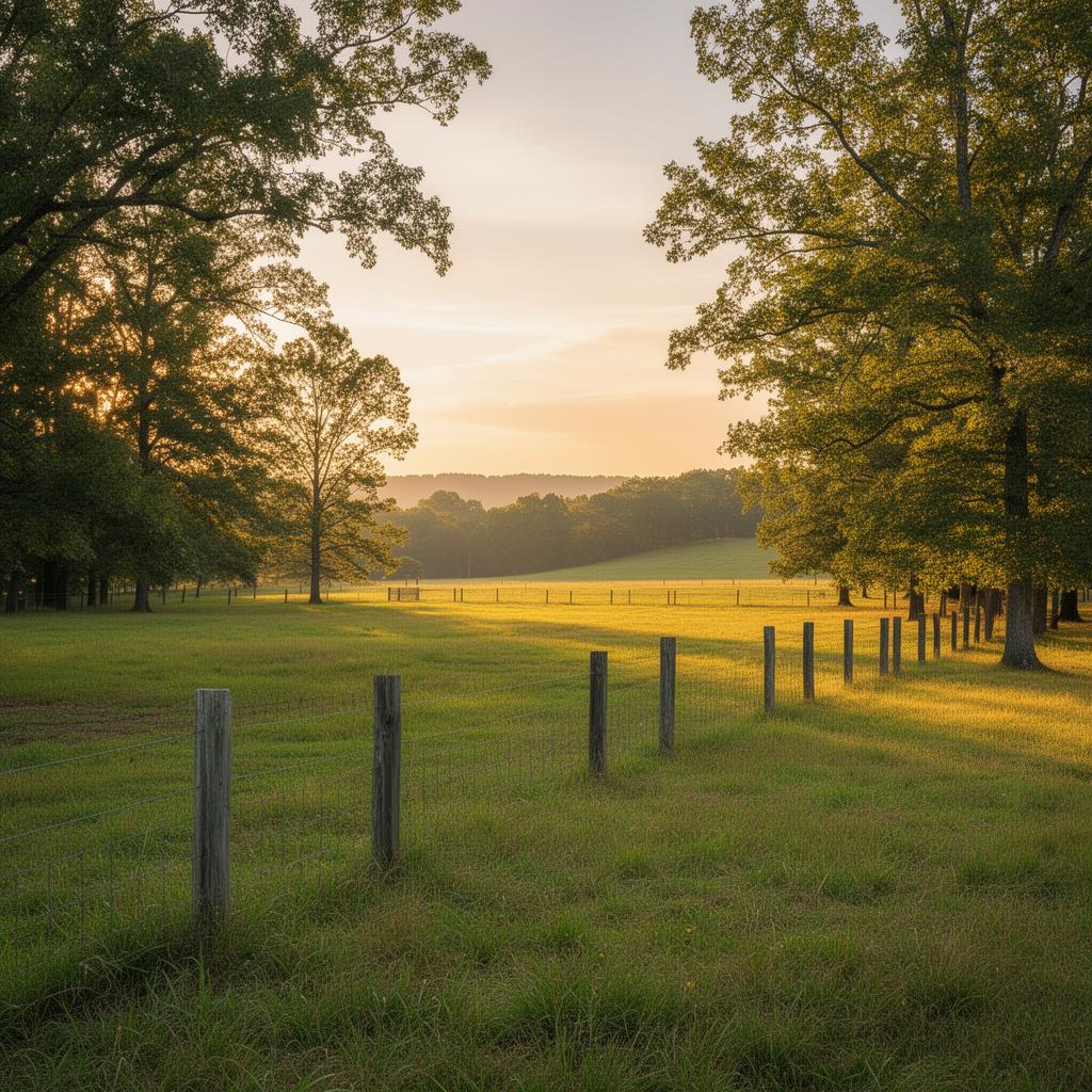 Open pastureland in Cleveland County, North Carolina with hardwood trees
