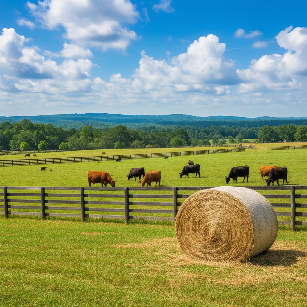 Pastoral farmland in Colbert County Alabama with cattle and hay bales
