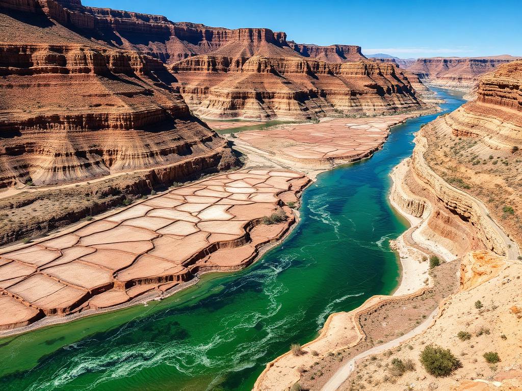 Colorado River at historic low water levels showing drought impact
