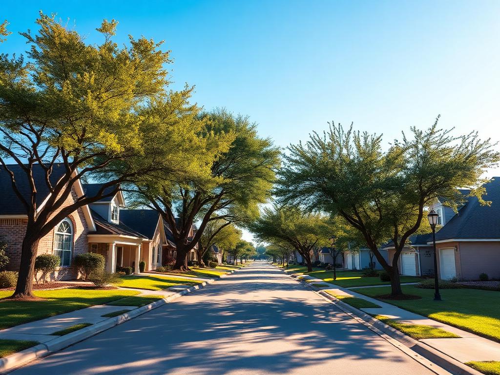 Residential neighborhood in Converse Texas with tree-lined streets and family homes