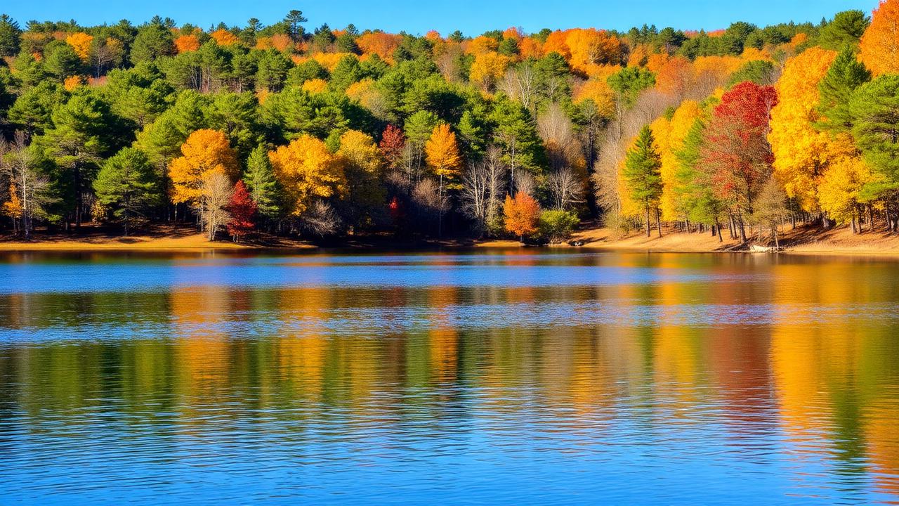 Peaceful lake surrounded by autumn foliage in Coosa County Alabama
