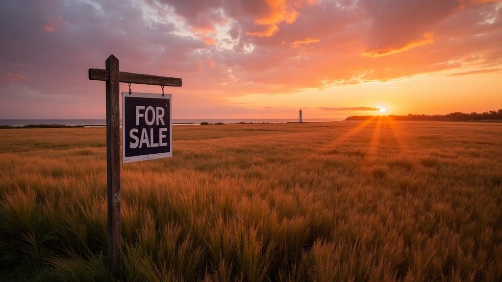 Delaware coastal farmland with for sale sign at sunset