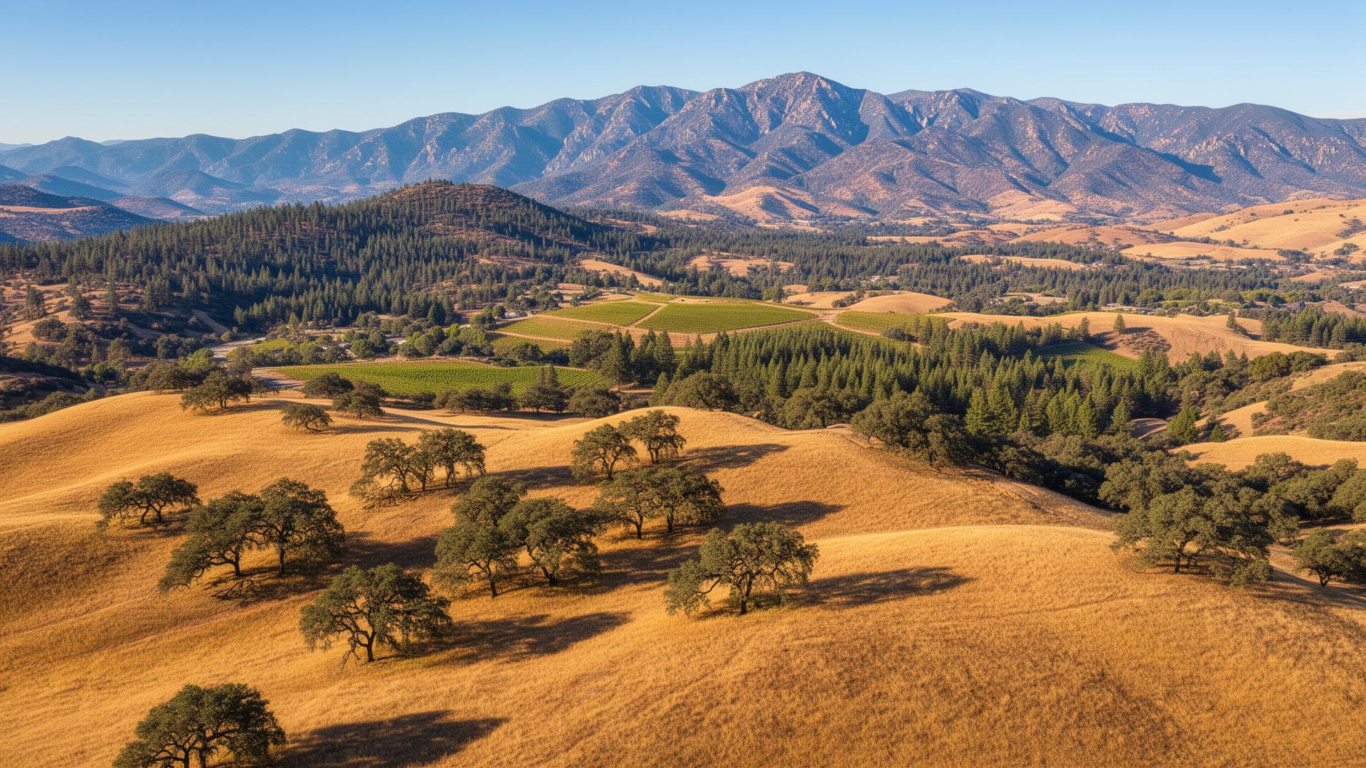 El Dorado County California Sierra foothills with golden hills and mountains