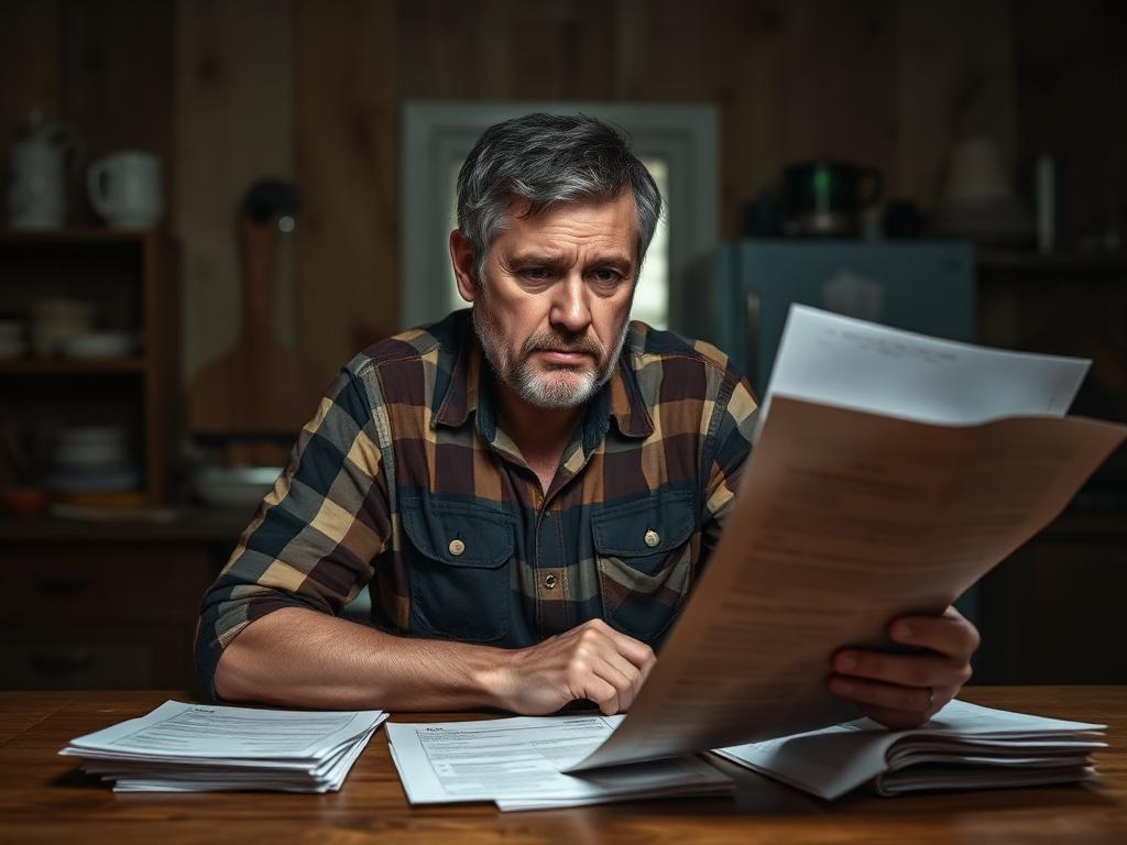 Farmer reviewing financial documents showing debt crisis impact