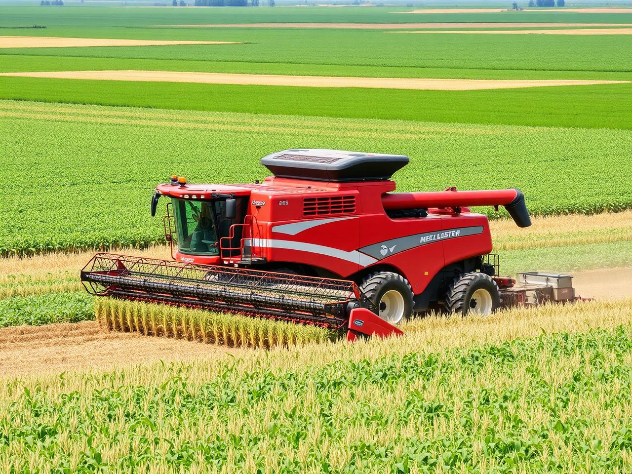 Modern farming equipment harvesting crops