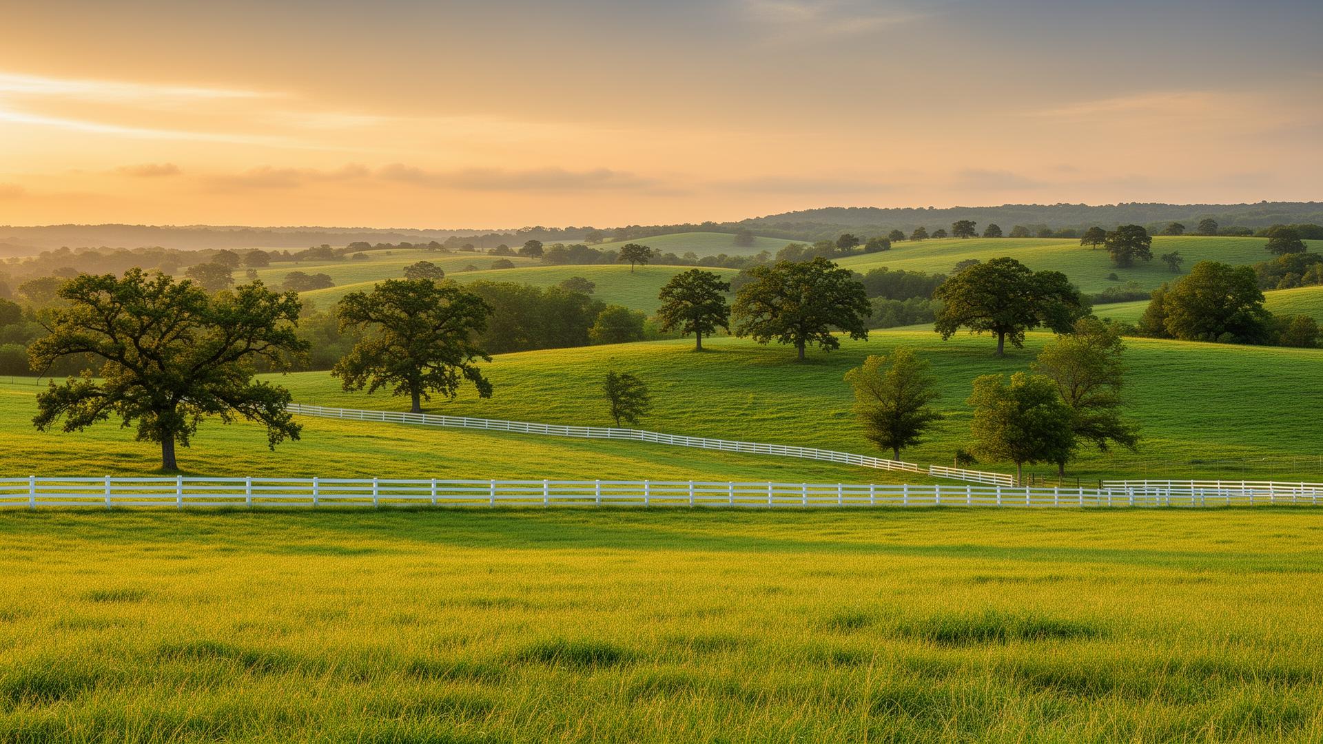 Rolling farmland and pastures with white fences in Fayette County Tennessee