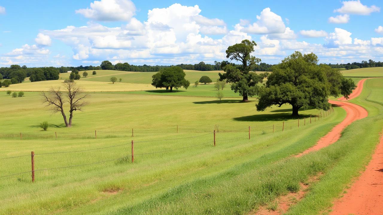 Farmland and red dirt roads in Fayette County Alabama