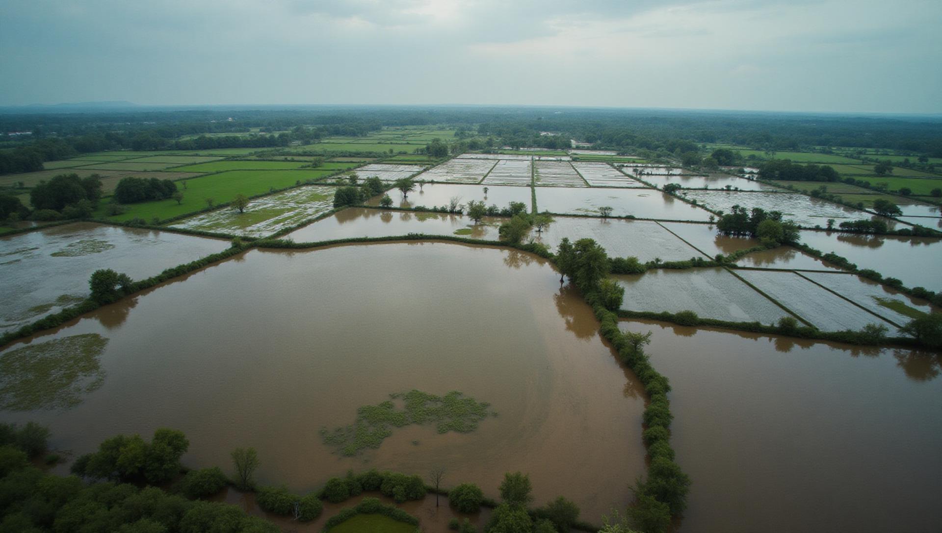 Aerial view of flooded farmland showing flood zone impact