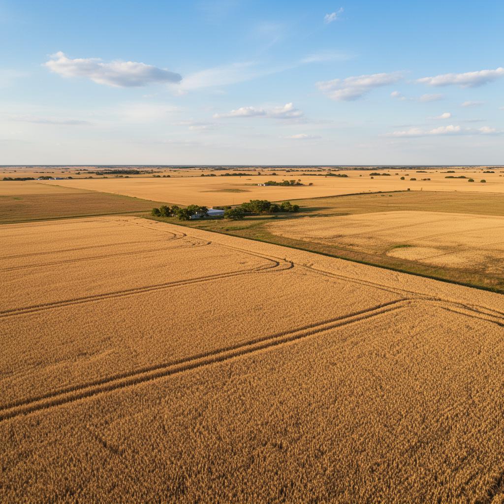 Aerial view of Garfield County Oklahoma wheat fields and prairie farmland