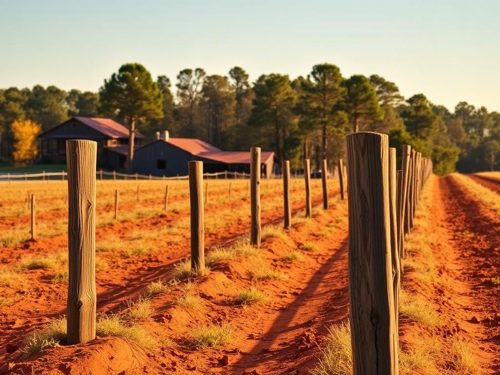 Georgia red clay farmland with fence posts
