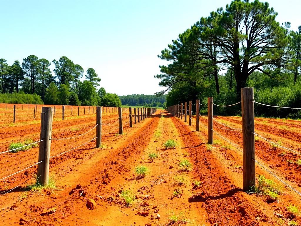 Georgia farmland with red clay soil and wooden fencing