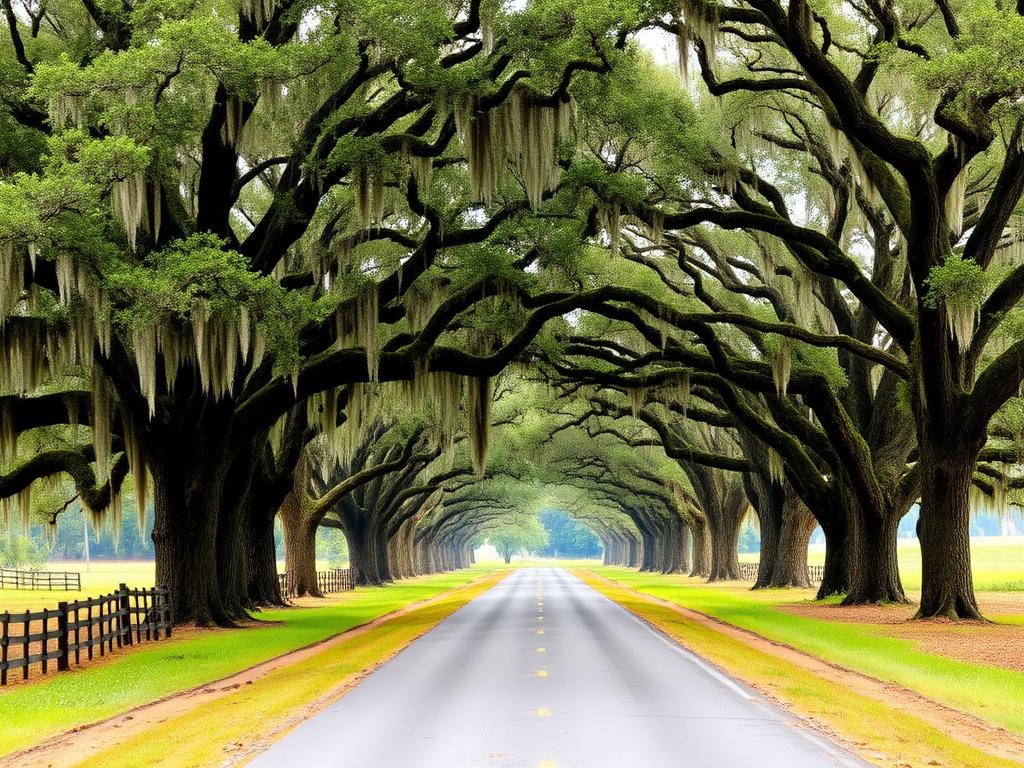 Historic Georgia country road with oak trees and Spanish moss