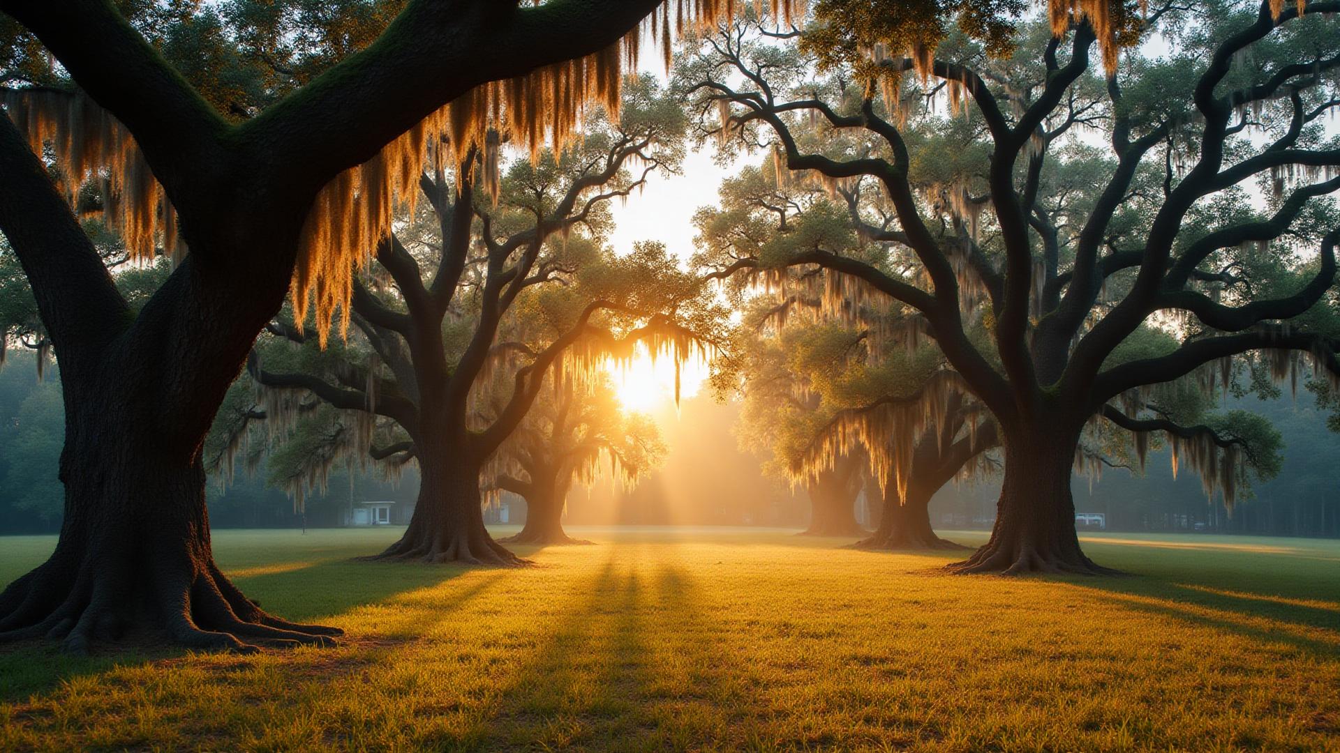 Vacant land with Spanish moss-draped oak trees near Brunswick, Georgia