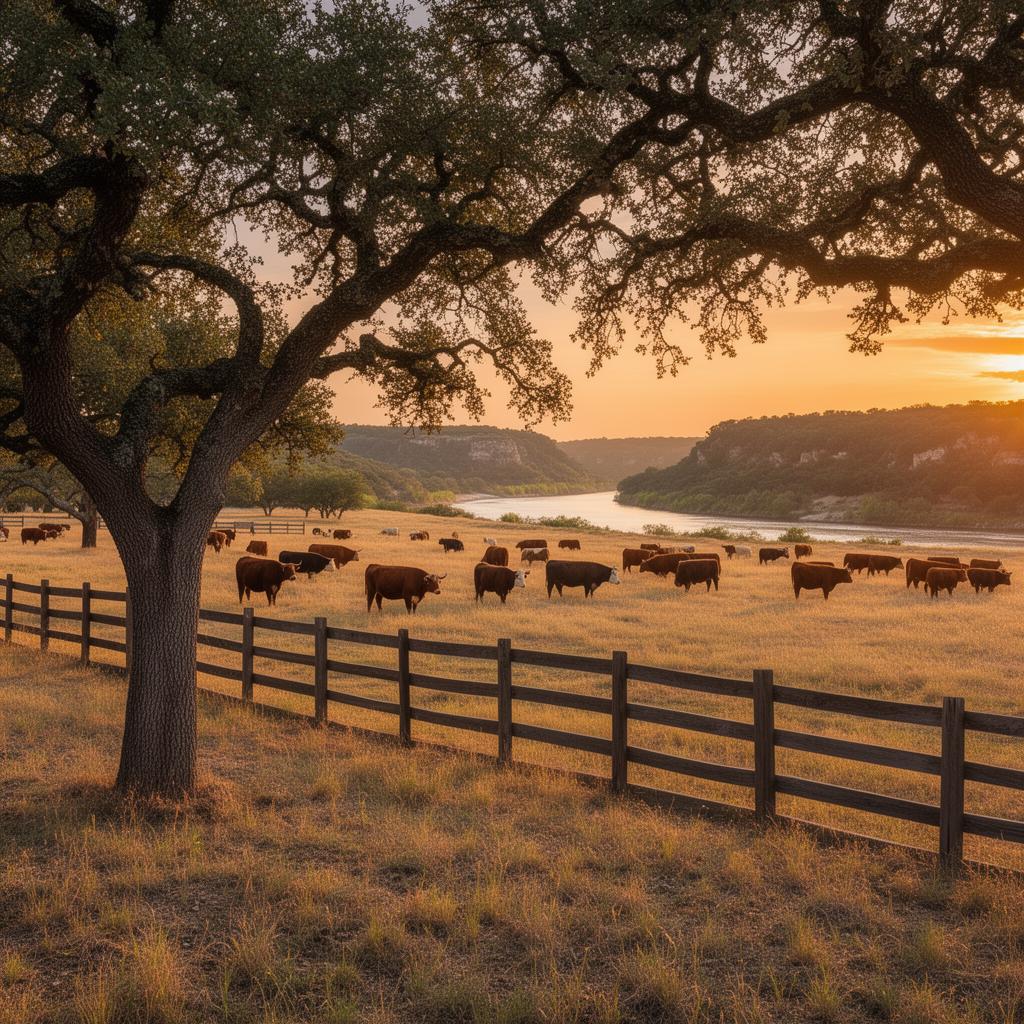 Texas ranch land with cattle and wooden fencing at sunset