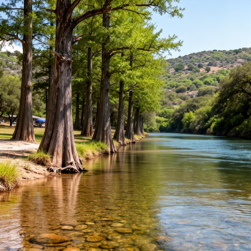 Guadalupe River with cypress trees and clear water