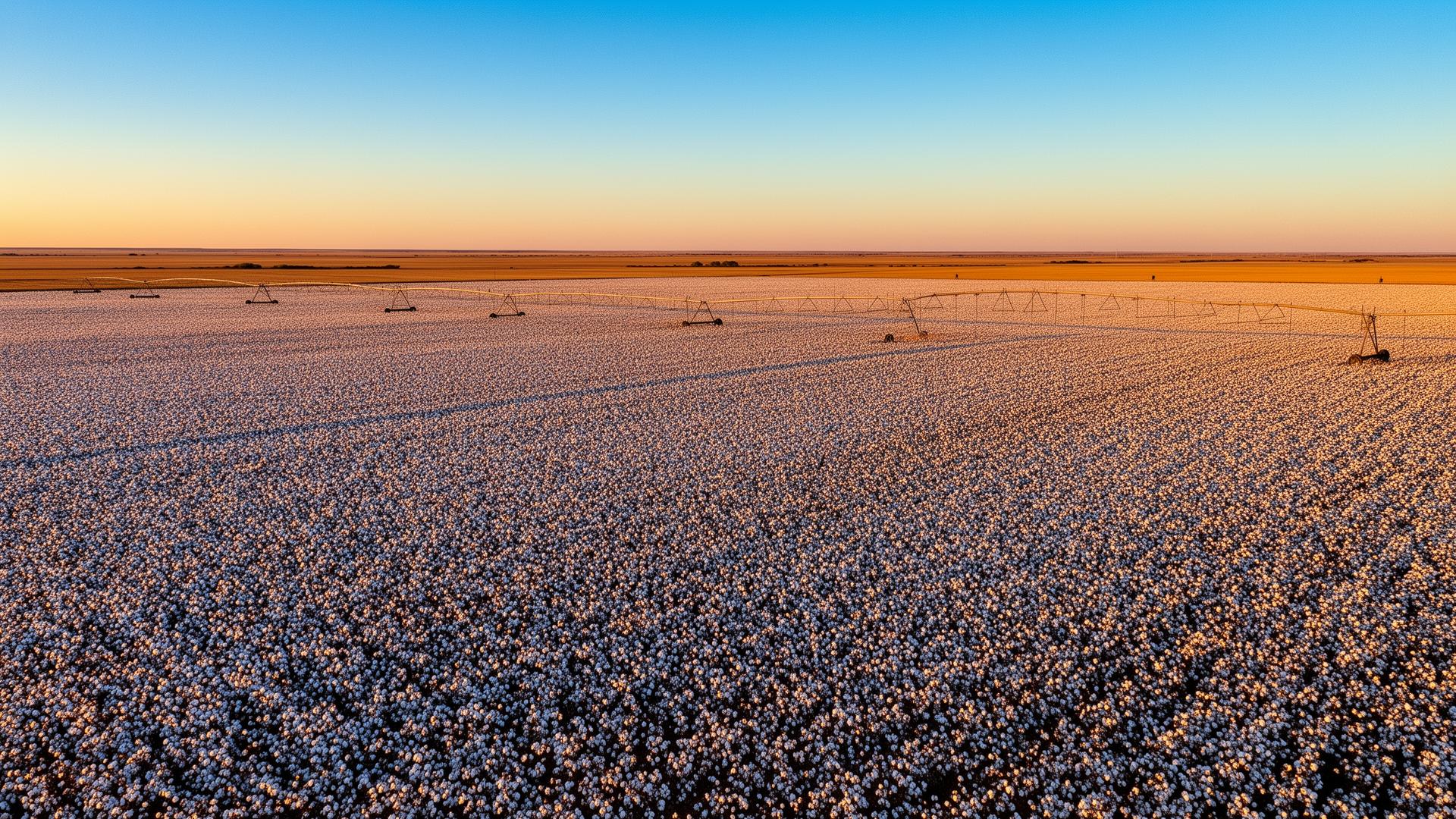 Vast cotton fields in Hale County, Texas High Plains at sunset