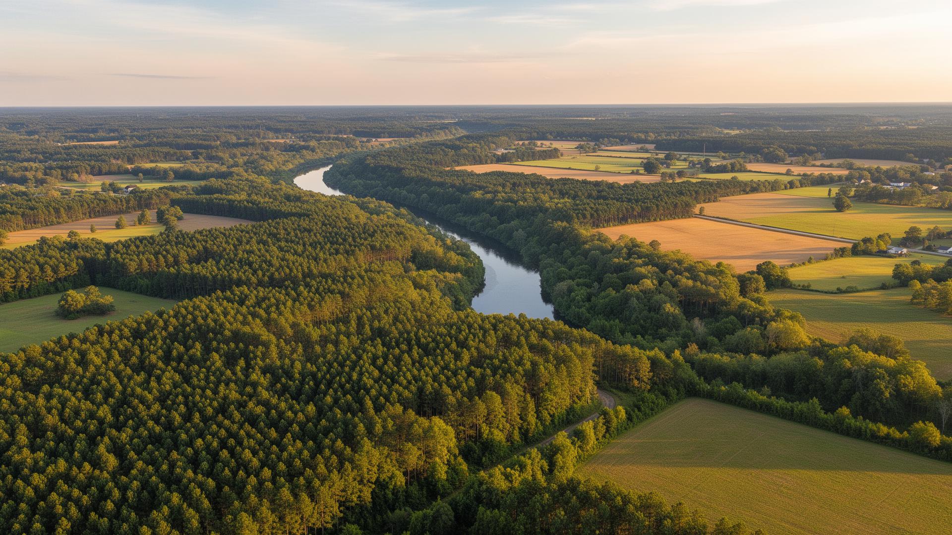 Aerial view of Harnett County North Carolina pine forests and farmland